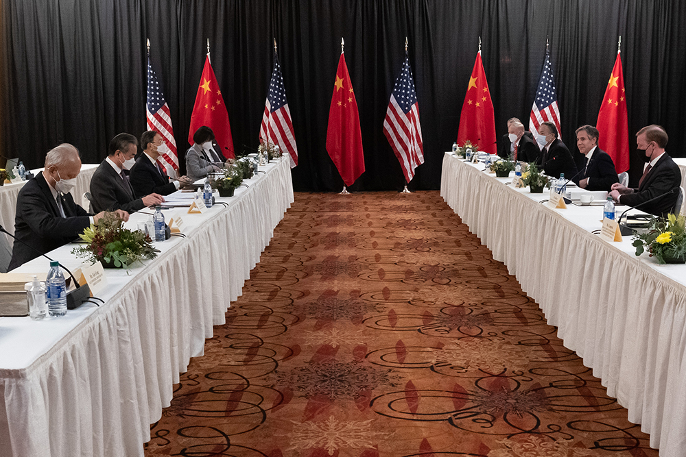 The ill-fated “2x2” Anchorage meeting between secretary of state Antony Blinken and national
	security adviser Jake Sullivan (right) with director Yang Jiechi and foreign minister Wang Yi (left). Credit: U.S. State Department photo by Ron Przysucha