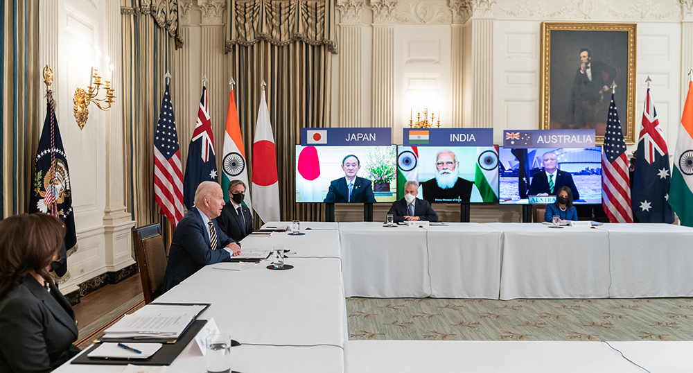 The first Quad virtual leaders’ summit between U.S. president Joe Biden, Japanese prime minister Yoshihide
	Suga, Indian Prime Minister Narendra Modi, and Australian prime minister Scott Morrison on March 12, 2021. Credit: Official White House photo by Adam Schultz