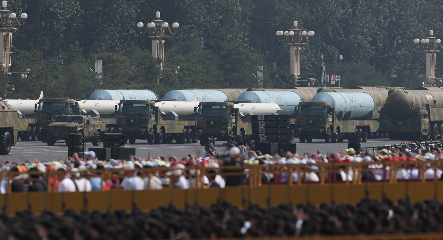 The nuclear missile formation passes through Tian'anmen Square during a military parade on September 3, 2025 in Beijing, China. 