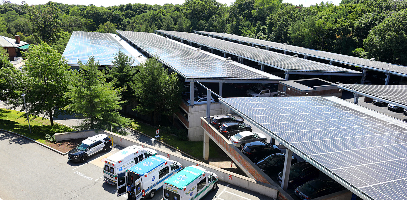 Newton-Wellesley Hospital has a bevy of solar panels atop their employee parking garage