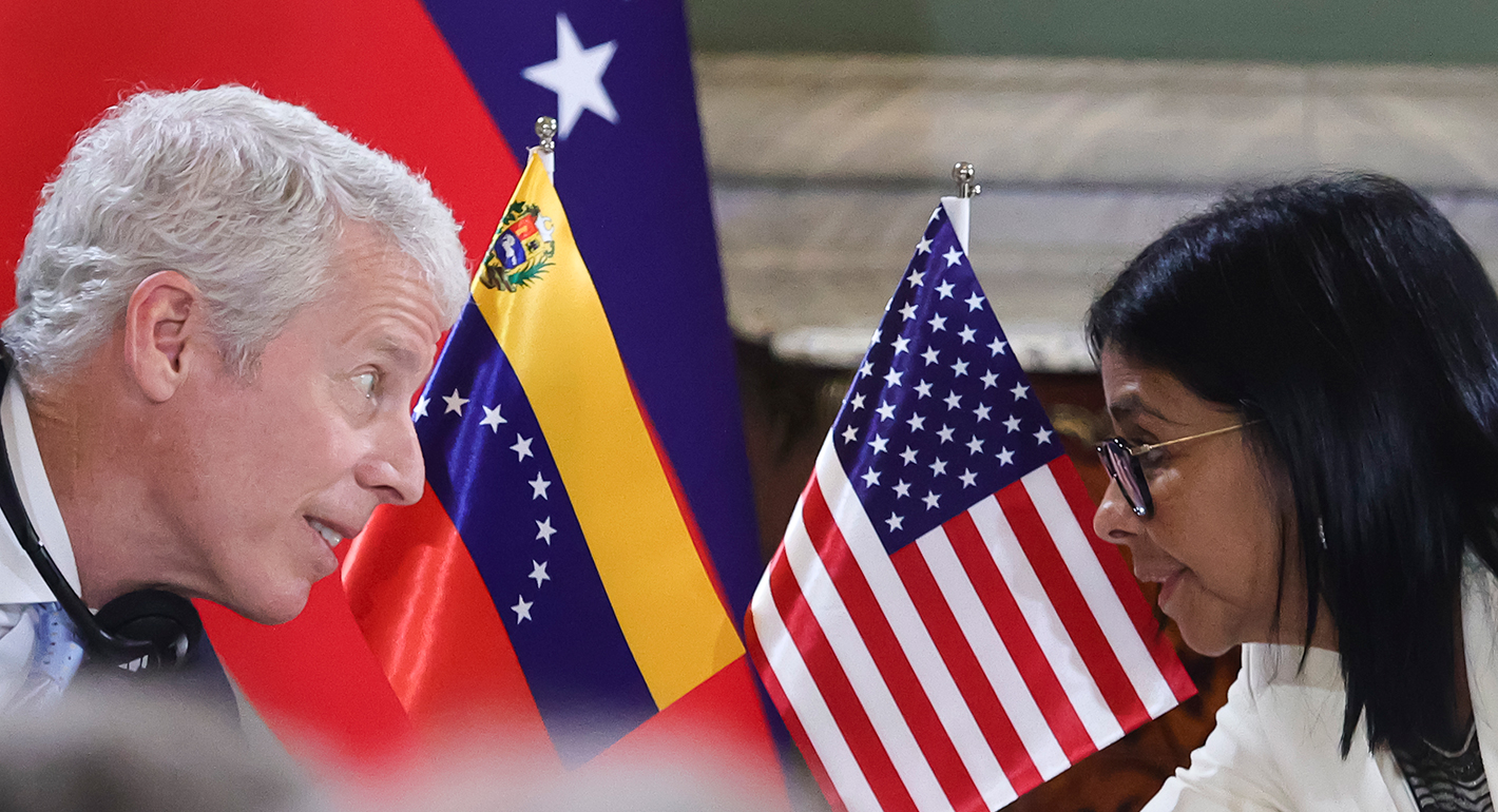 .S. Secretary of Energy Chris Wright speaks with Venezuela's interim president, Delcy Rodríguez during a press conference regarding the oil agreement reached by the US government and Venezuela on September 2, 2026 in Caracas, Venezuela. 
