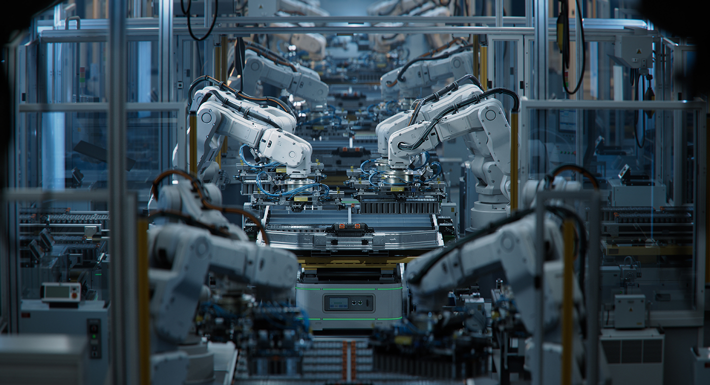 Row of White Robotic Arms at Automated Production Line at Factory.