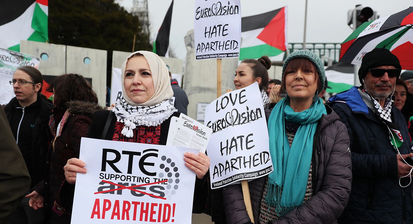 Fatin Al Tamimi (left), National Chairperson with the Ireland-Palestine Solidarity Campaign, takes part in a Boycott the Eurovision in Israel protest organised by Palestinian rights campaigners at RTE Studios in Dublin.