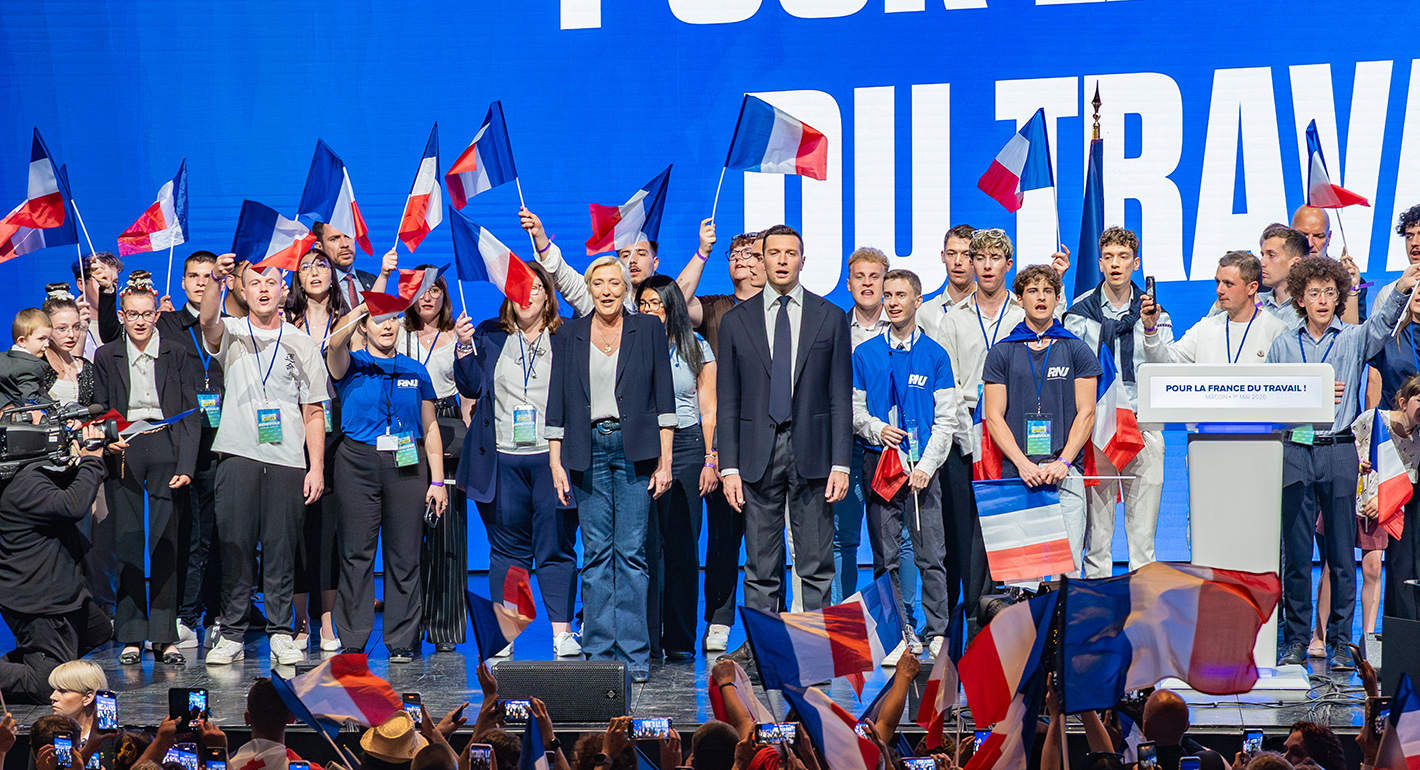 Marine Le Pen and Jordan Bardella on stage during a Rassemblement National RN rally For la France du Travail in Macon in Saone et Loire France May 1 2026 