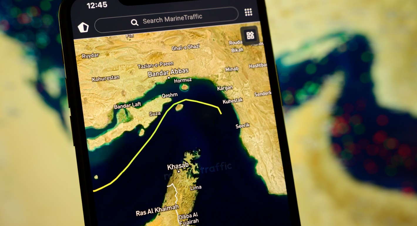 Map of Hormuz shipping traffic on a smartphone screen