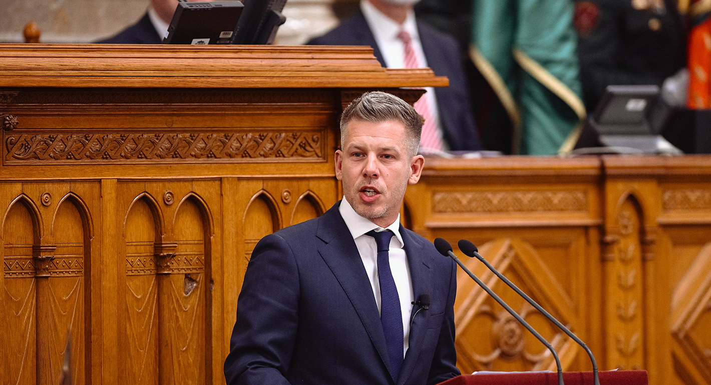 Peter Magyar delivers his first official speech after he was sworn into the parliament as the new Prime Minister of Hungary under the TISZA party, during today's inaugural session of the Hungarian Parliament, in Budapest, Hungary on 9 May 2026. 