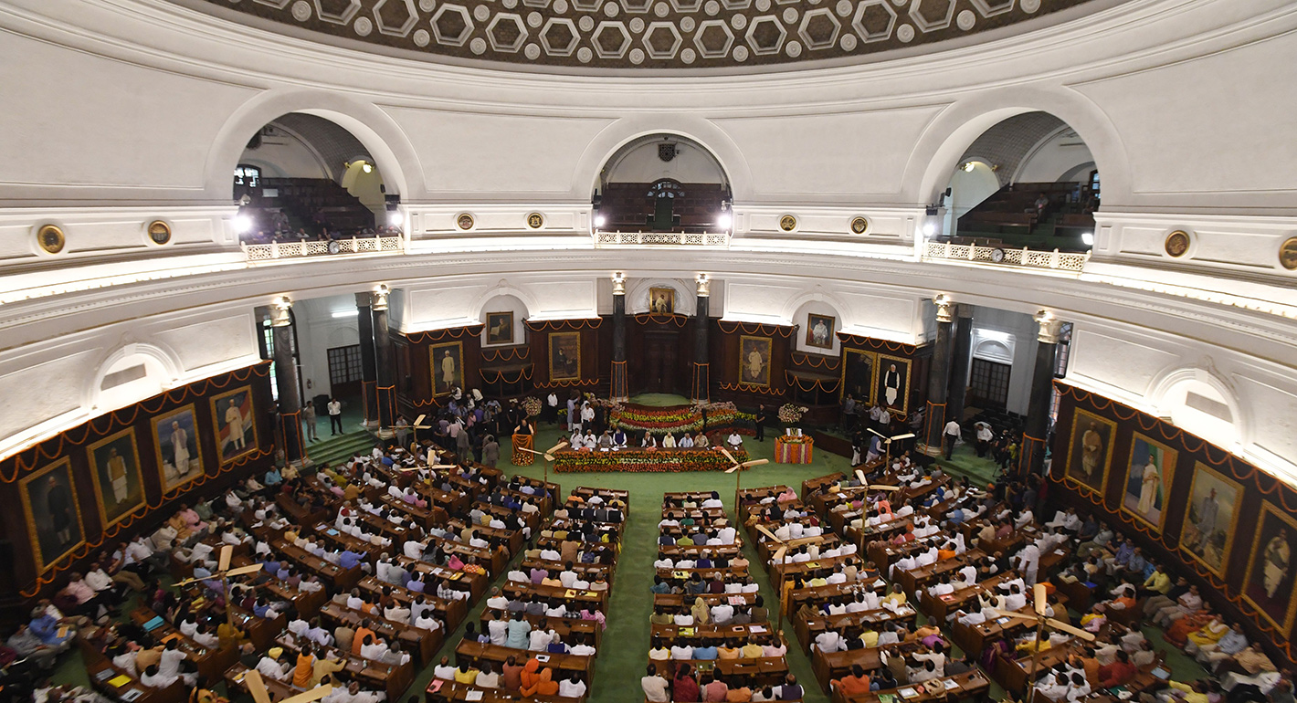 Members of the National Democratic Alliance (NDA) attend a meeting along with Bhartiya Janta Party (BJP) President Amit Shah and Indian designated Prime Minister Narendra Modi (C) at the central hall of the parliament, in New Delhi on May 25, 2019. 