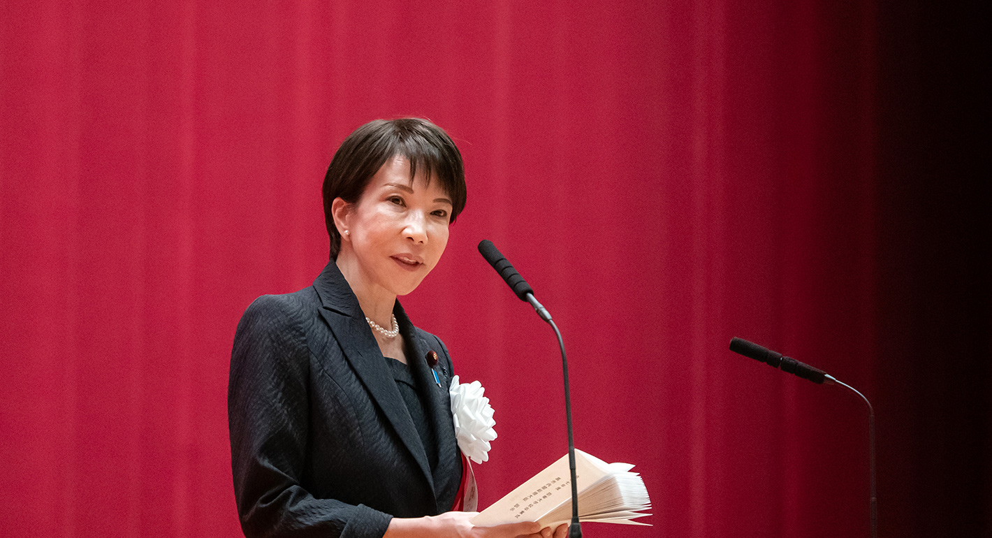 Japanese Prime Minister Sanae Takaichi delivers a speech during the graduation ceremony at the National Defense Academy of Japan on March 14, 2026 in Yokosuka, Kanagawa Prefecture, Japan. 