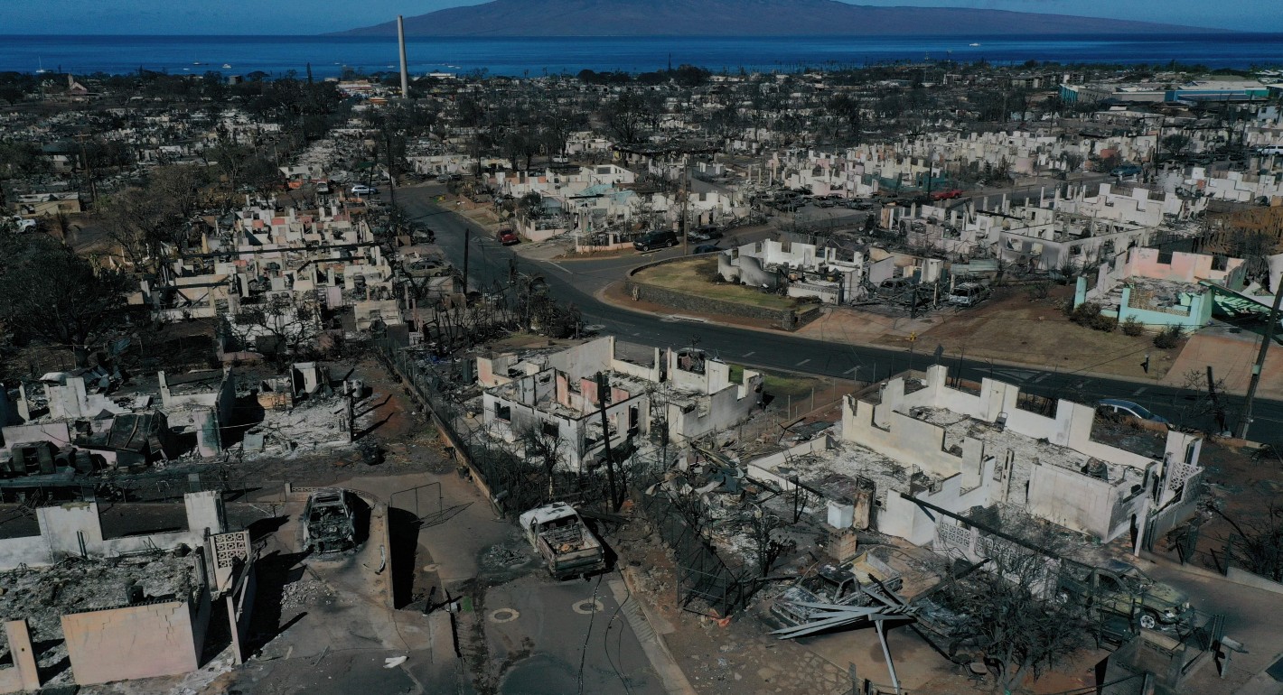 Aerial view of burned-out cars and homes