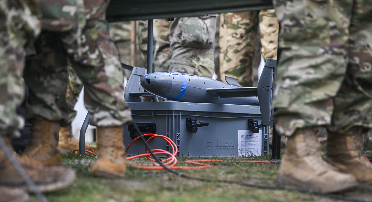 An AS3 interceptor part of the Merops, an AI-powered anti-drone system is pictured during a NATO live-fire demonstration of a counter-UAS system on November 18, 2025 in Nowa Deba, Poland. 