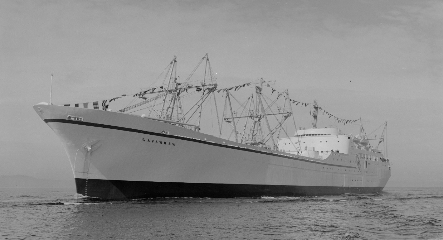 Black-and-white photo of the nuclear cargo ship NS Savannah.