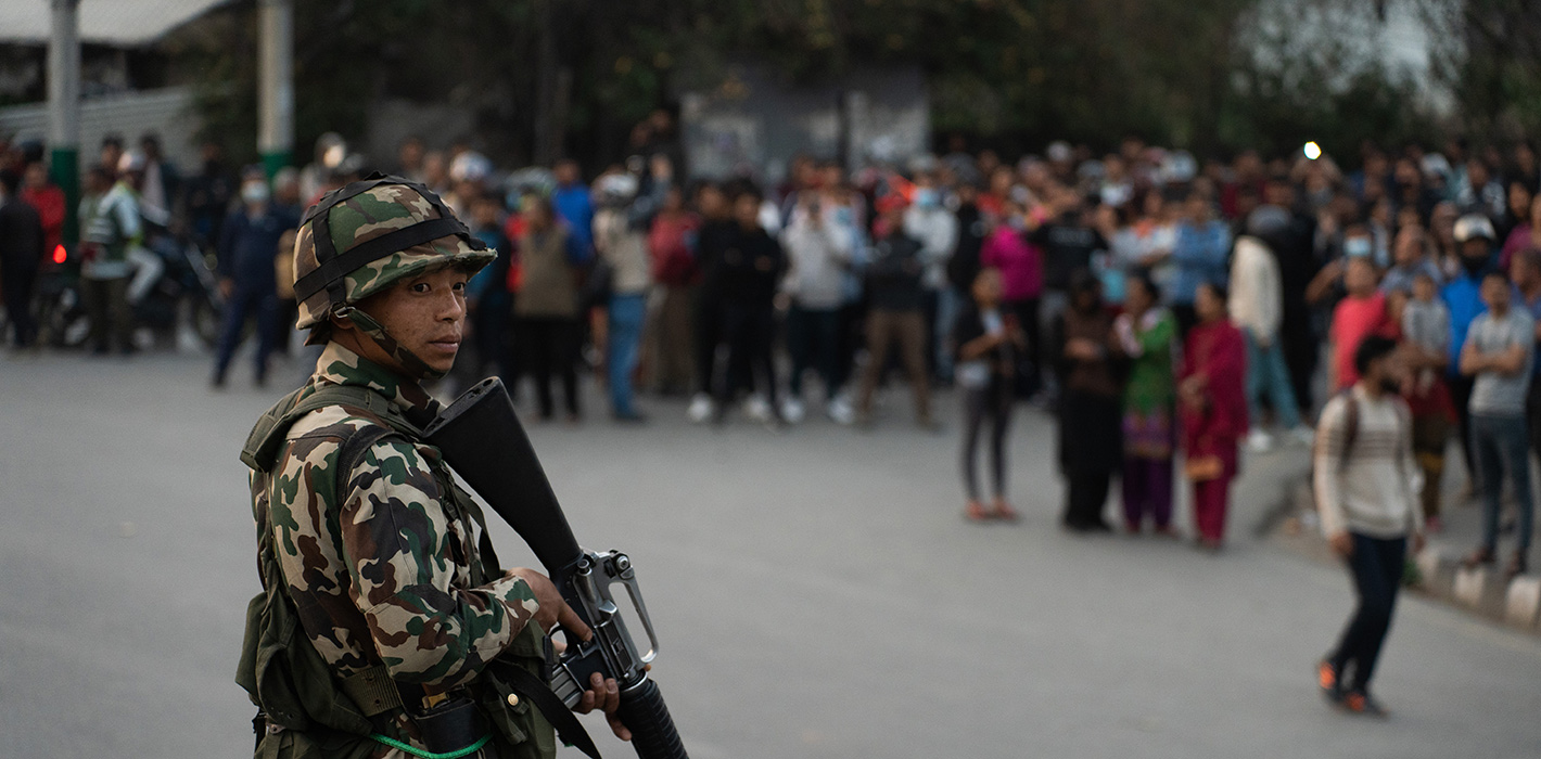 Army personnel stand guard after a pro-monarchy protest turns violent in Kathmandu, Nepal, on March 28, 2025. 