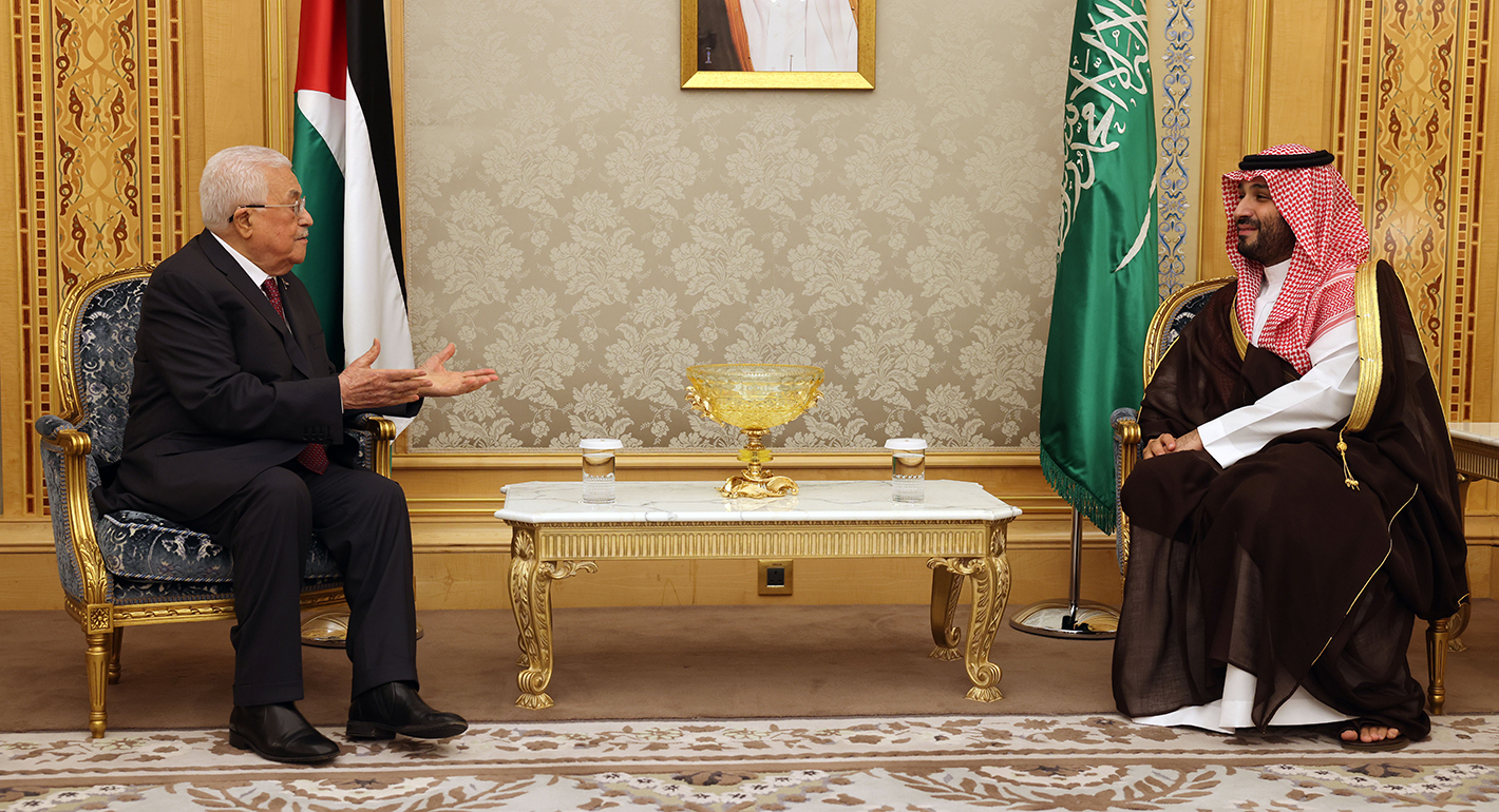 Palestinian President Mahmoud Abbas meets Saudi Arabian Crown Prince Mohammed Bin Salman in Riyadh, Saudi Arabia on April 29, 2024. (Photo by PALESTINIAN PRESIDENCY/Anadolu via Getty Images)