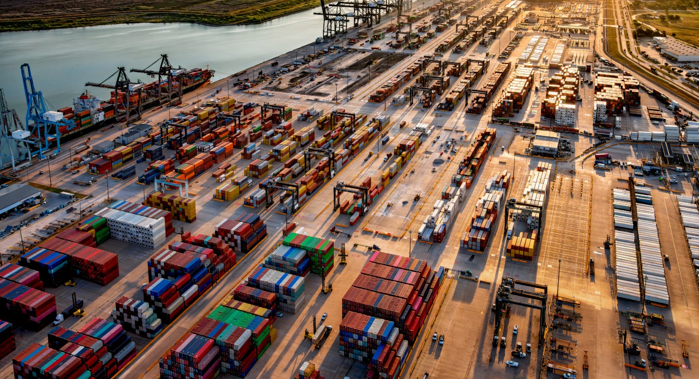 Shipping port at dawn from above