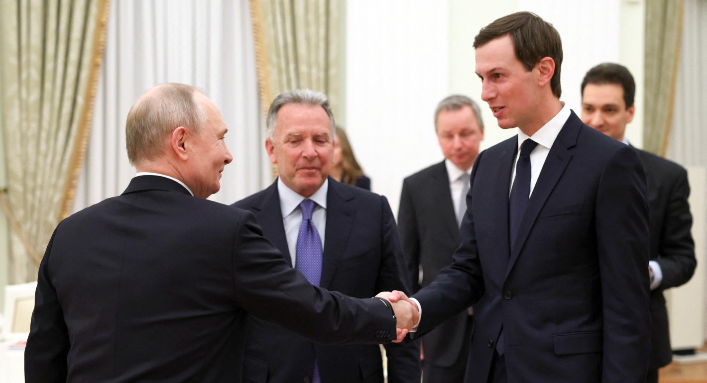 Kushner and Putin shaking hands, with Witkoff standing next to them