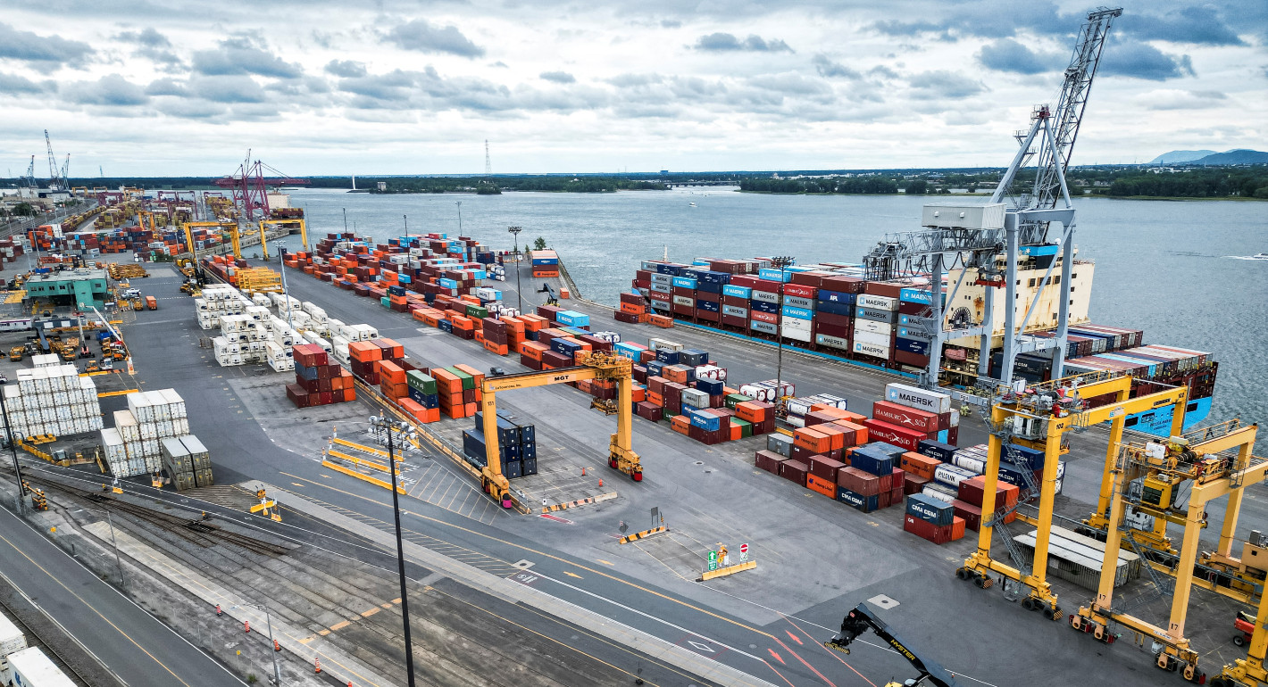 Aerial view of shipping containers at a port