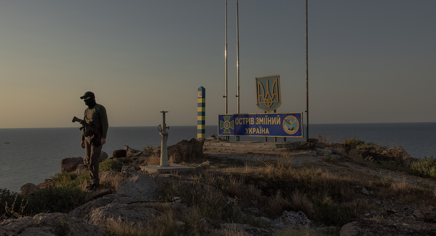 A member of "Timur's Special Forces Unit" of the Defence Intelligence of Ukraine looks on on Snake Island, also known as Zmiinyi Island, located in the Black Sea, on August 14, 2025, amid the Russian invasion of Ukraine. 