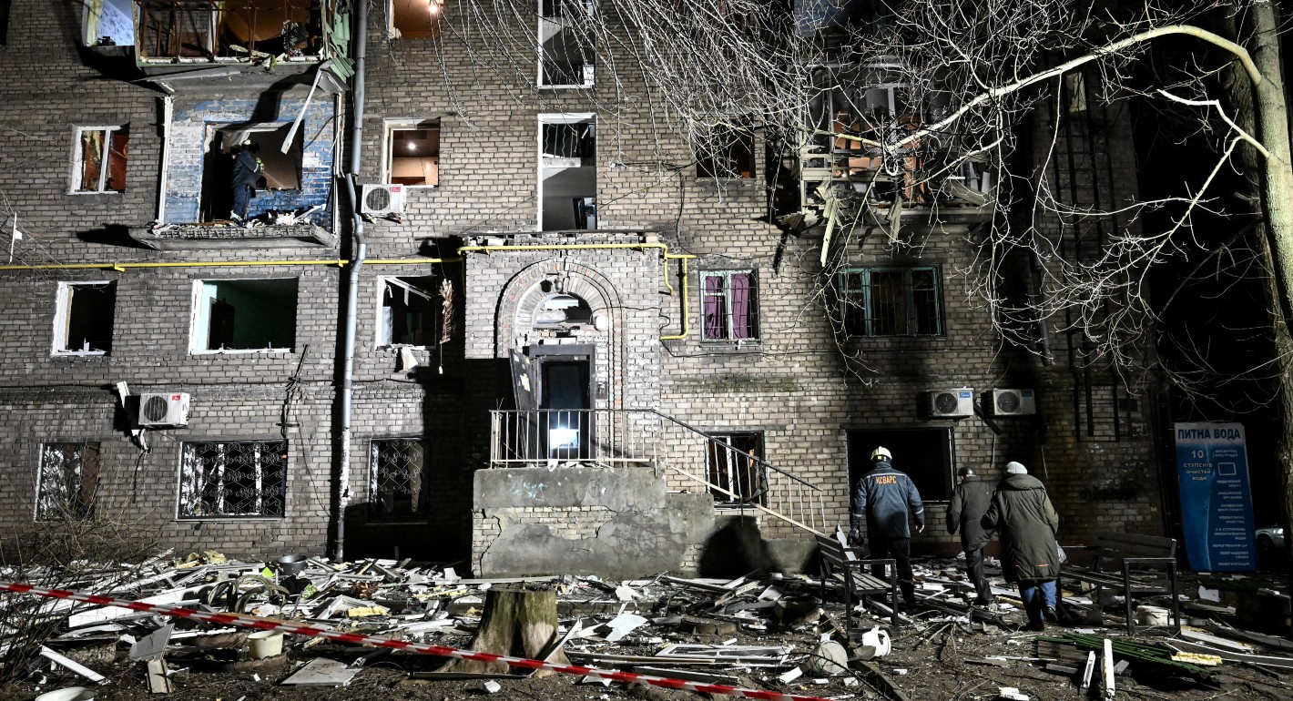 Front of a damaged apartment building