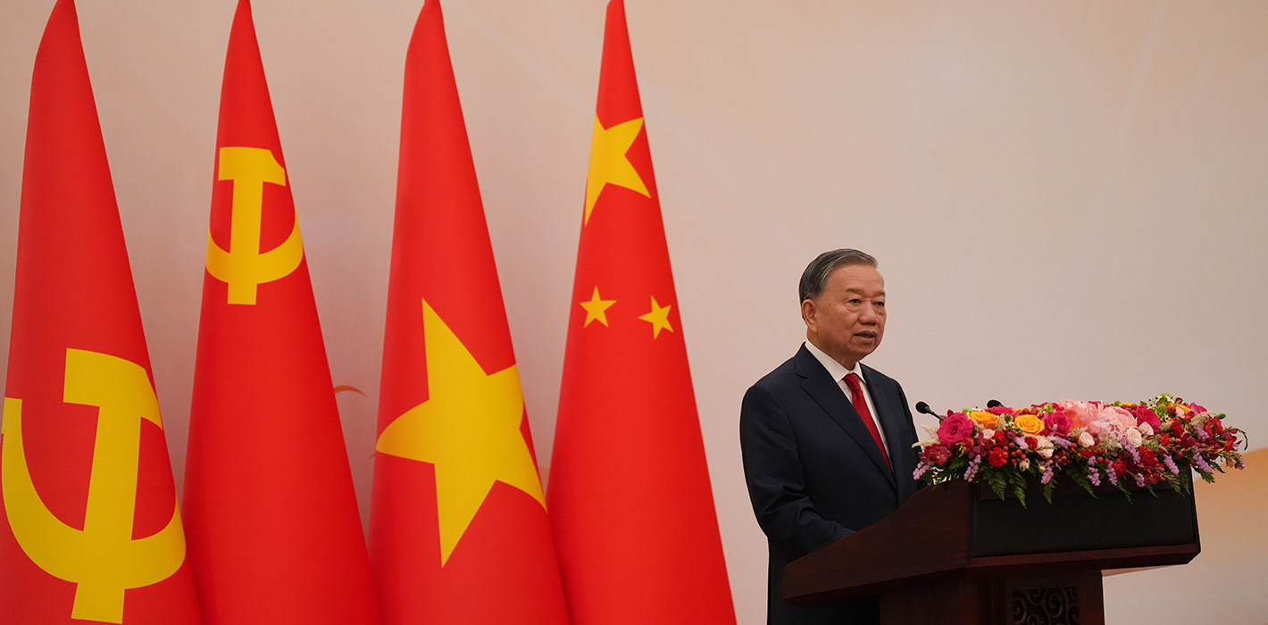 Vietnam's Top Leader To Lam meets with young representatives from China and Vietnam participating in the "Red Study Tours" at the Great Hall of the People on April 15, 2026 in Beijing, China. T