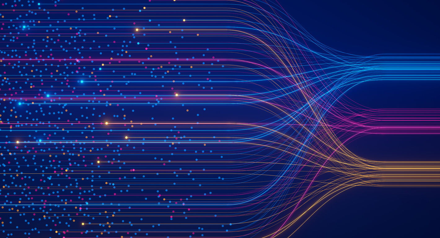 Lines of neon colors intersecting on a dark blue background