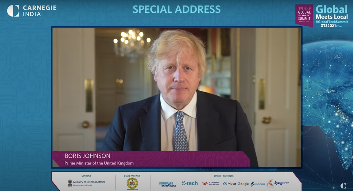 Prime Minister of the United Kingdom Boris Johnson kicked off Carnegie India’s 2021 Global Technology Summit with a special address.