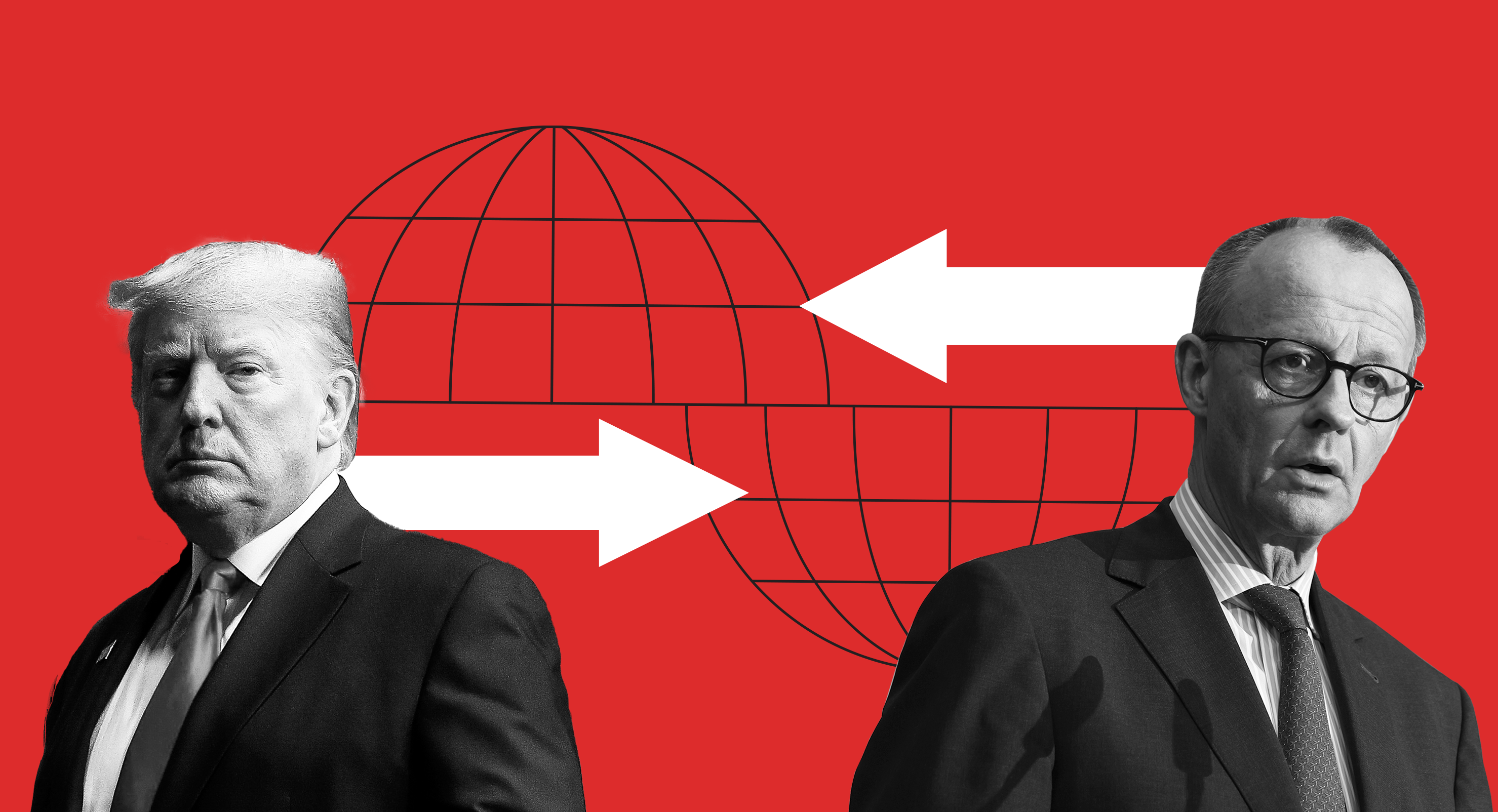 Trump and Merz on a red background with arrows pointing toward each other
