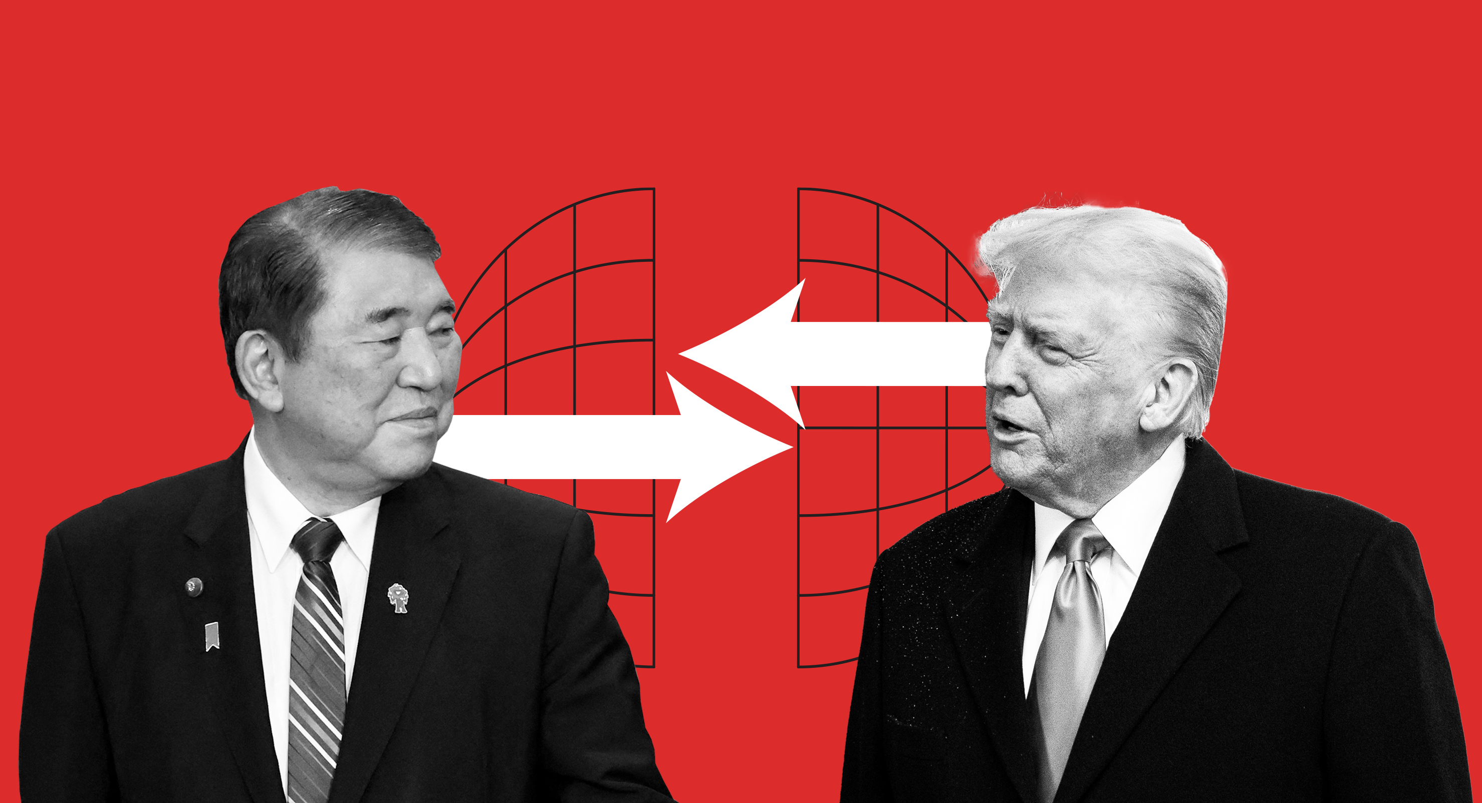 Ishiba and Trump on a red background with white arrows pointing at each other