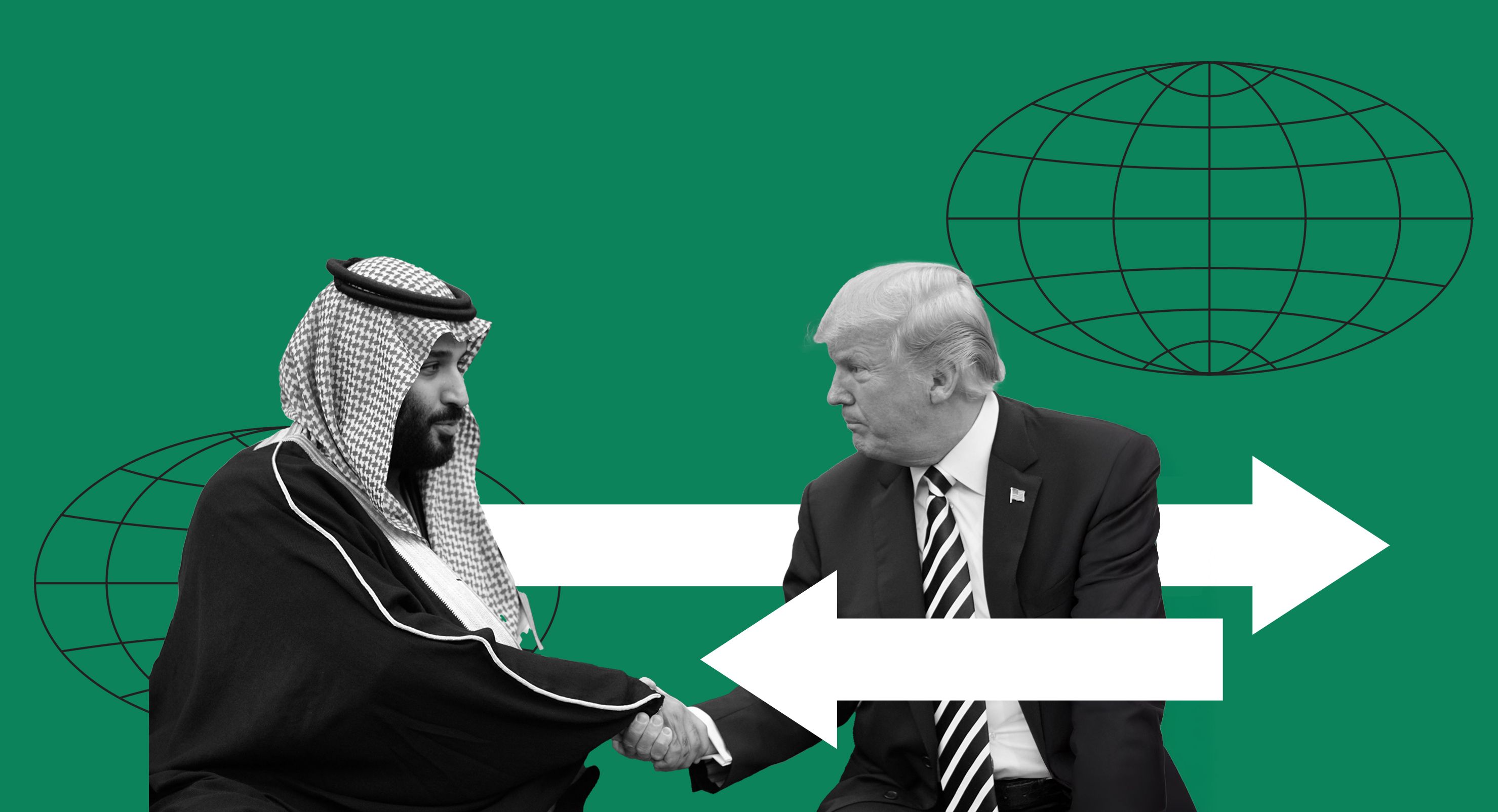Trump and MBS shaking hands on a green background