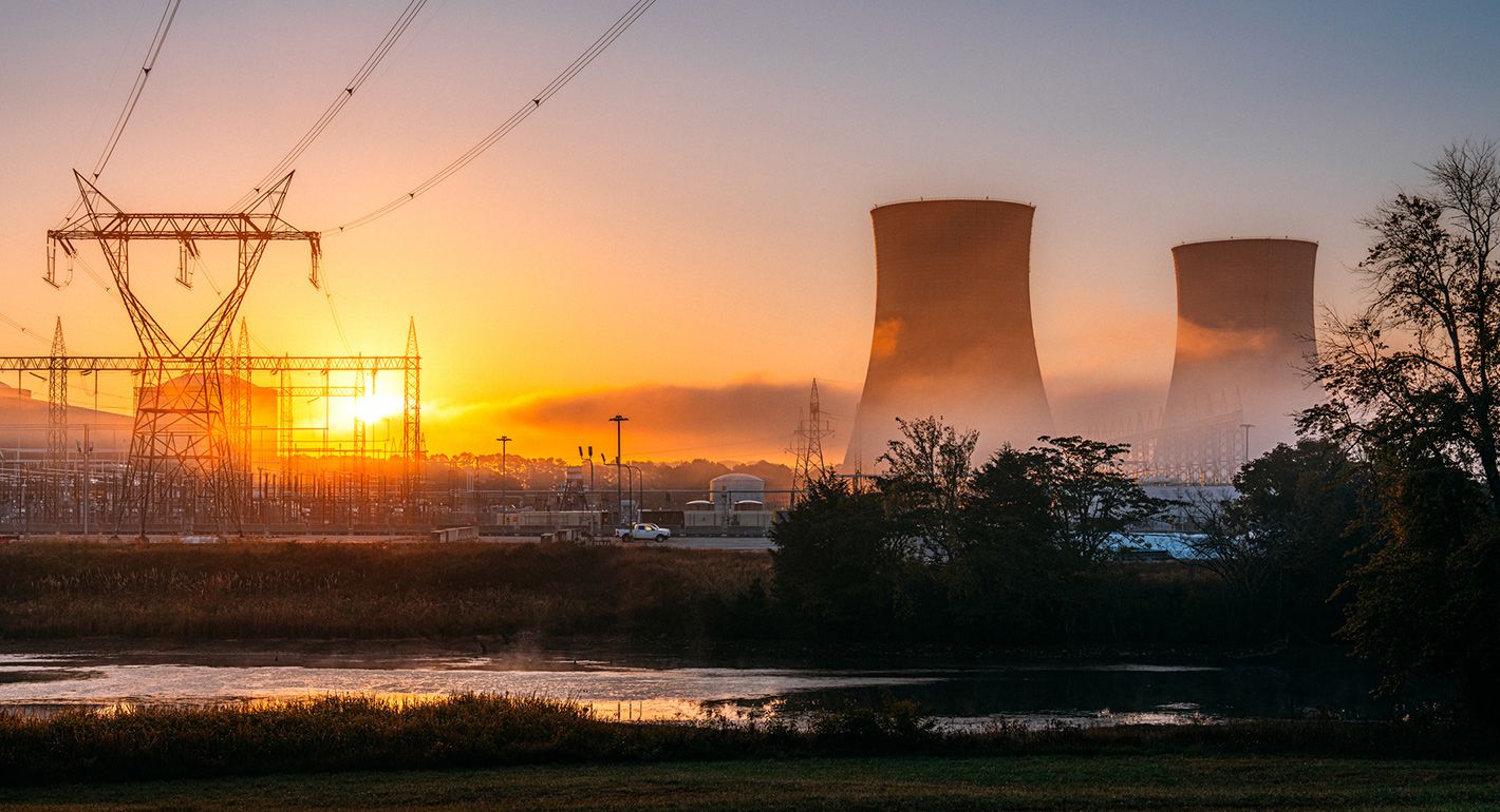 Two cooling towers of a nuclear power facility in Tennessee, USA on a Sunny Autumn Day. 