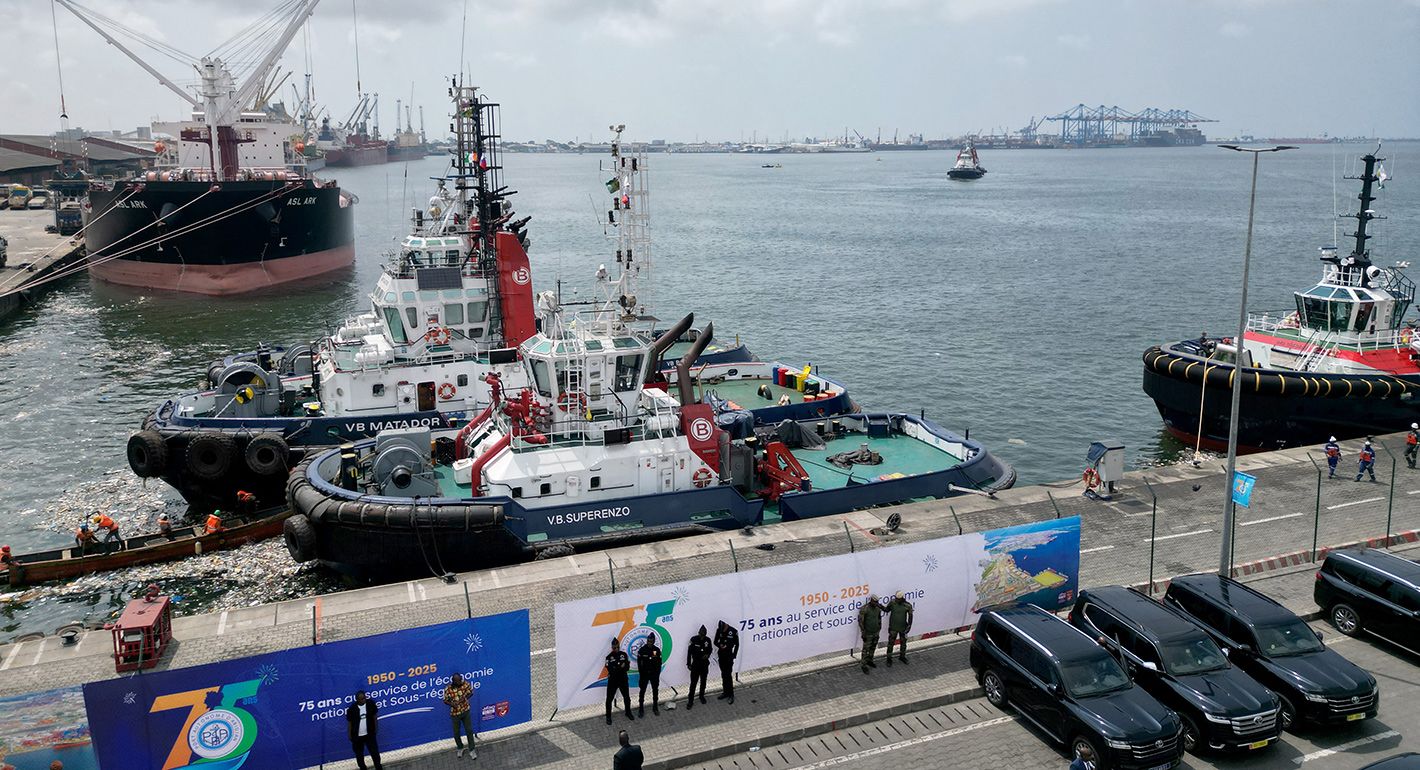 This aerial view shows the Port of Abidjan during the celebration of the Port's 75th anniversary on September 11, 2025. (
