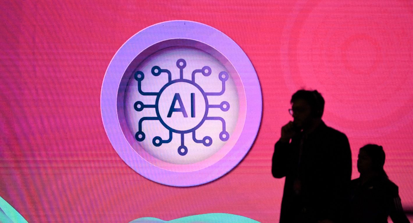 Signage of AI (Artificial Intelligence) is seen during the World Audio Visual Entertainment Summit in Mumbai, India, on May 02, 2025.
