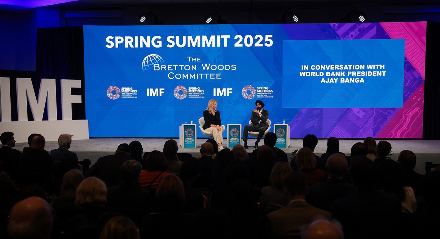 Ajay Banga (R), President of the World Bank Group speaks at the 2025 Bretton Woods Committee Spring Summit during the 2025 Spring Meetings of the World Bank Group (WBG) and the International Monetary Fund (IMF) at the IMF headquarters on April 22, 2025 in Washington, DC. 