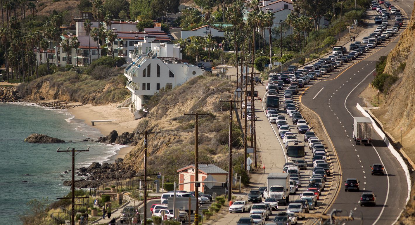 Photo of traffic backed up along the Pacific Coast Highway in California.