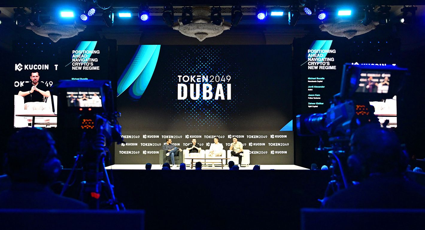 People attend a conference during the Token2049 conference in Dubai on April 30, 2025. (