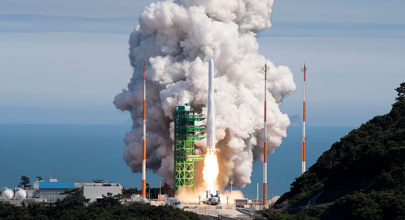 In this handout image provided by Korea Aerospace Research Institute, a space rocket Nuri (KSLV-Ⅱ) taking off from its launch pad at the Naro Space Center on June 21, 2022 in UGoheung-gun, South Korea. 