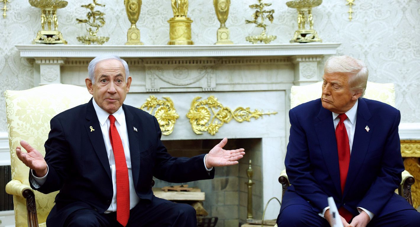 Netanyahu and Trump seated side by side, with Netanyahu shrugging