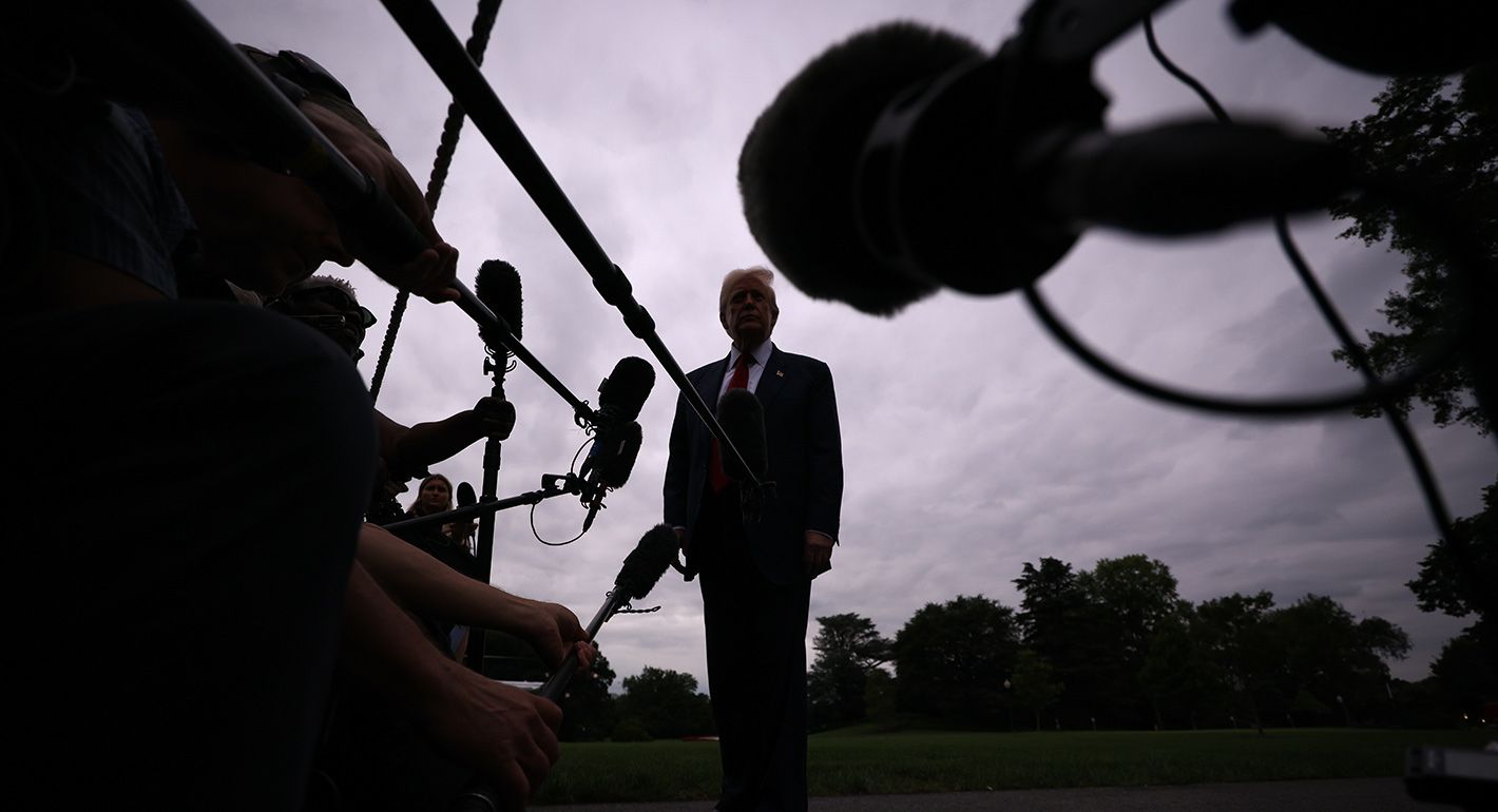 President Donald Trump speaks to the media as he departs the White House on August 01, 2025 in Washington, DC. 